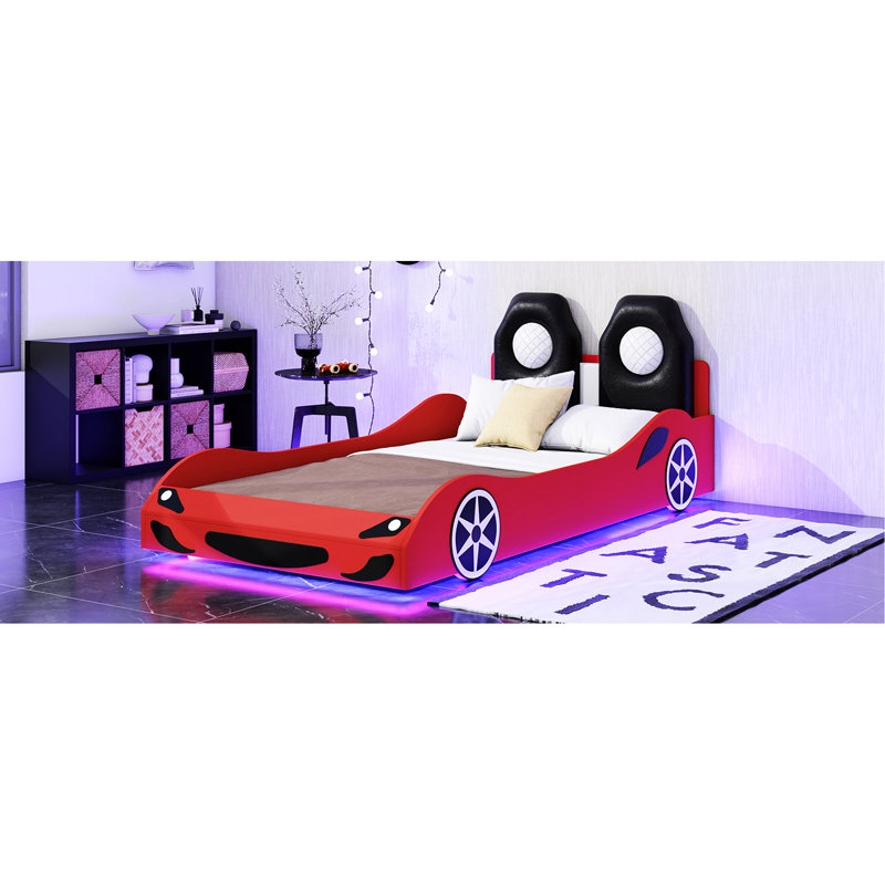 Lit plateforme simple voiture de course avec éclairage de nuit à DEL et revêtement rembourré de style rouge