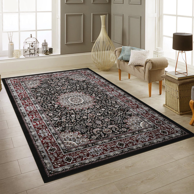 Master Collection Floral Transitional Area Rug, Black and Red, Rectangle 2' x 3'