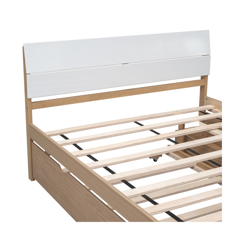 Cadre de lit double moderne avec lit gigogne simple et 2 tiroirs blanc brillant avec couleur chêne clair