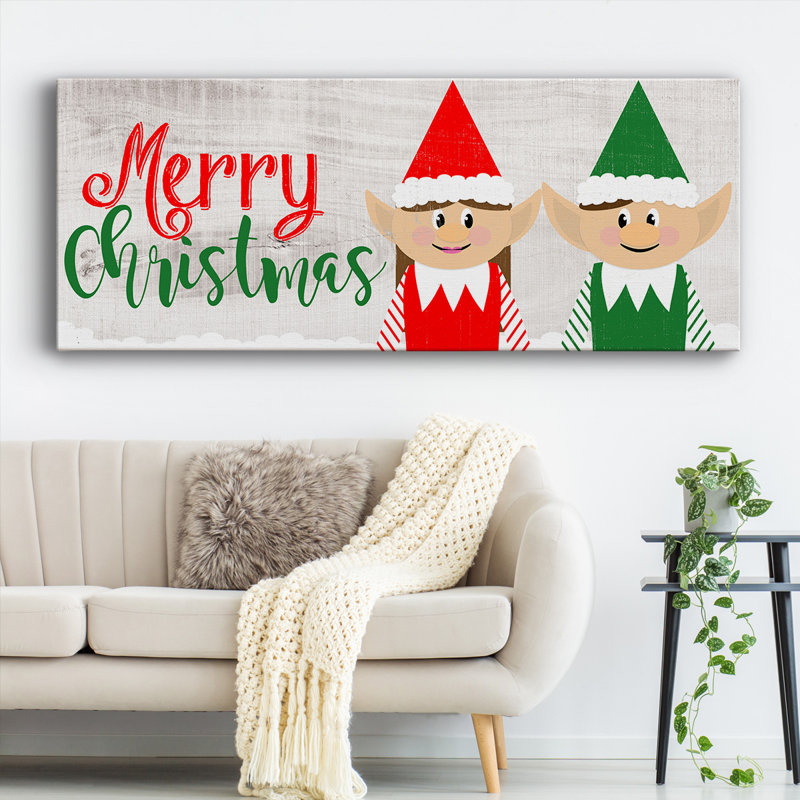 Christmas Elf Couple - Toile tendue avec châssis de qualité supérieure, prête à être accrochée, H 20 po x l 50 po x P 1,5 po