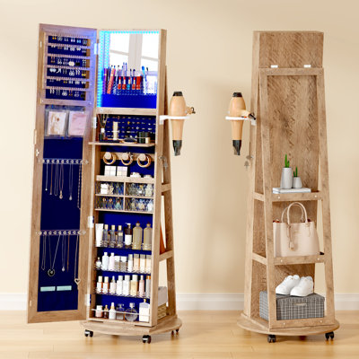 360° Rotatable Jewelry Mirror Cabinet with Built-in Lighted Mirror, Lock, Multi-functional Jewelry Storage and External Racks
