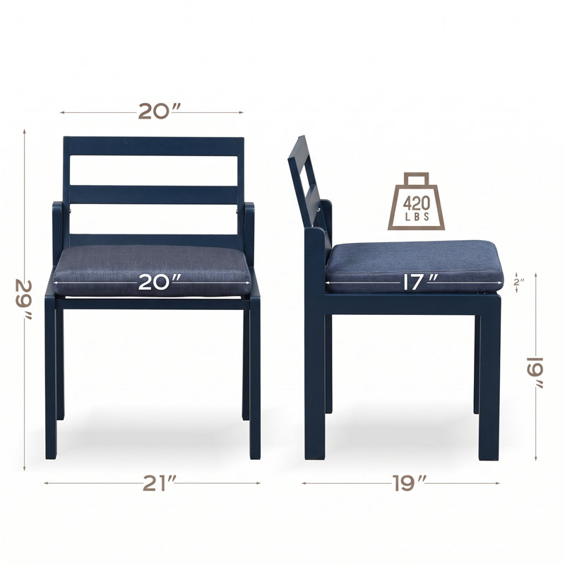 2 pièces de chaises de patio d'extérieur en métal avec coussin noir, Bleu