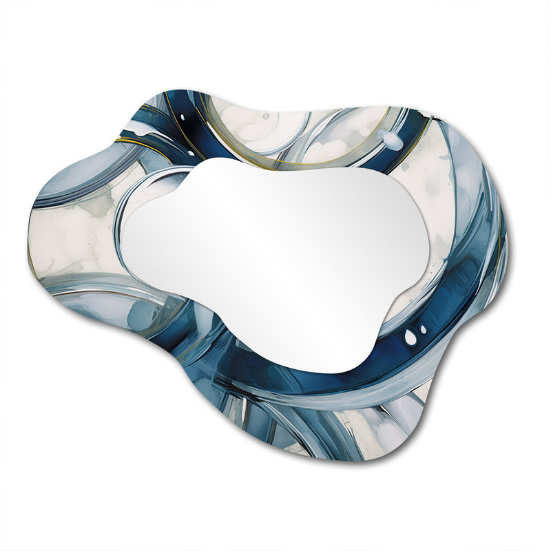 Blue Circle Whirls - Spiral Asymmetrical Unique Wall Mirror, Modern Cloud Mirror, Printed Metal Art, 27" x 35"