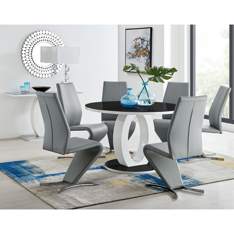 Scottsmoor 6 Seater High Gloss Round Dining Table Set with 6 Luxury Faux Leather Dining Chairs, Gray, Black