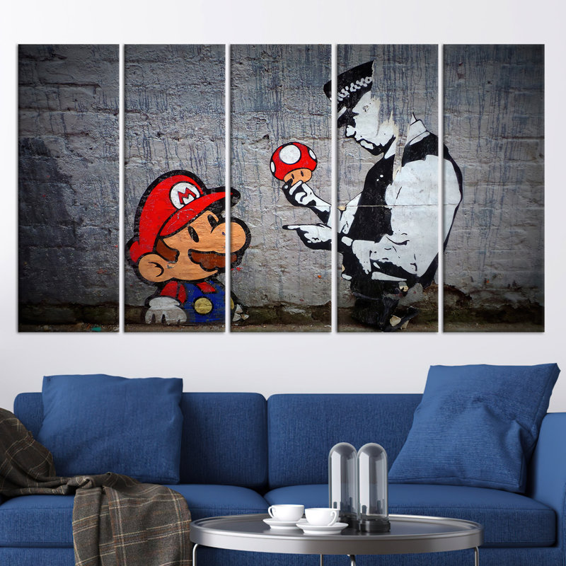 Impression sur toile imprimée Banksy Super Mario - décor de salle de jeu unique, toile tendue 5P, 43,3 po H x 78,7 po l