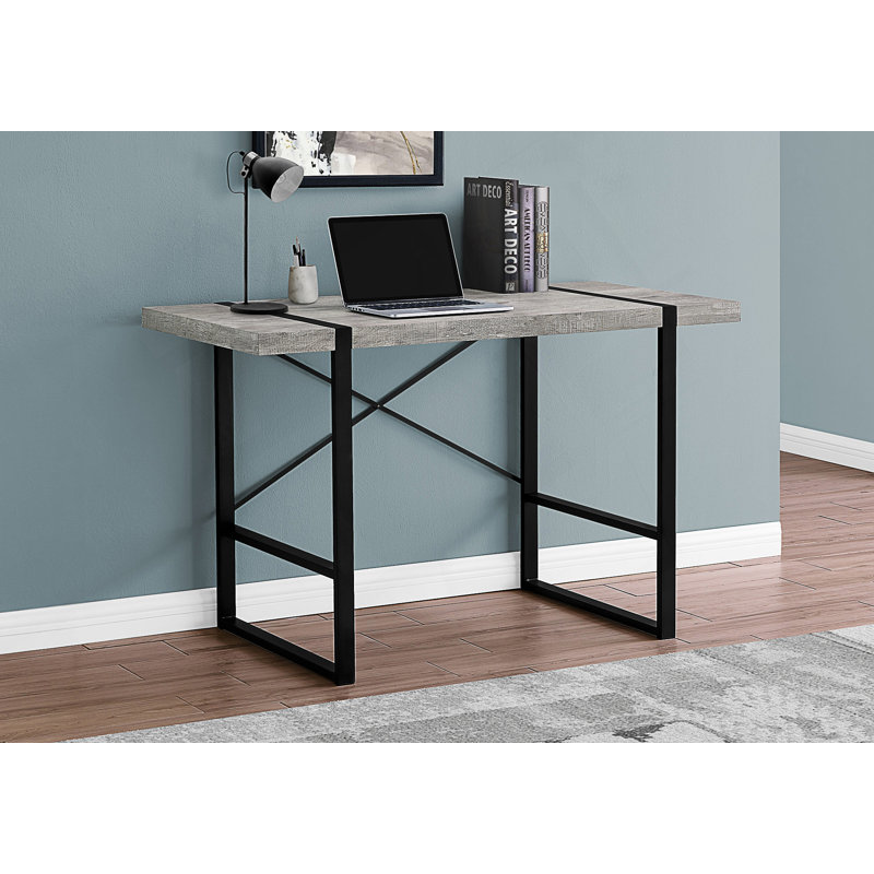 Bureau d'ordinateur moderne avec dessus en bois récupéré et structure en métal robuste pour le bureau à domicile., Gris