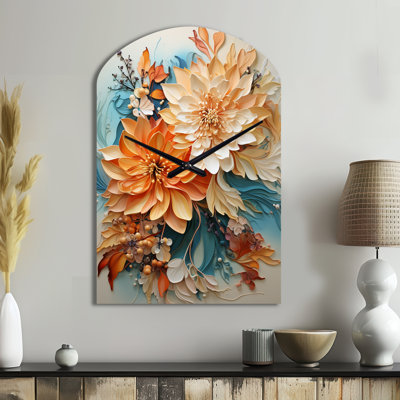 Horloge murale orange, bleu sarcelle, tourbillon botanique I - Botanicals Arch, horloge murale asymétrique moderne