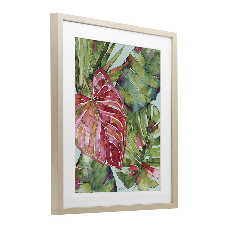 Imprimé sous verre rose et vert Palm Springs, design par Anne Tavoletti, 21" H x 17" W, Cadre de récolte en pin