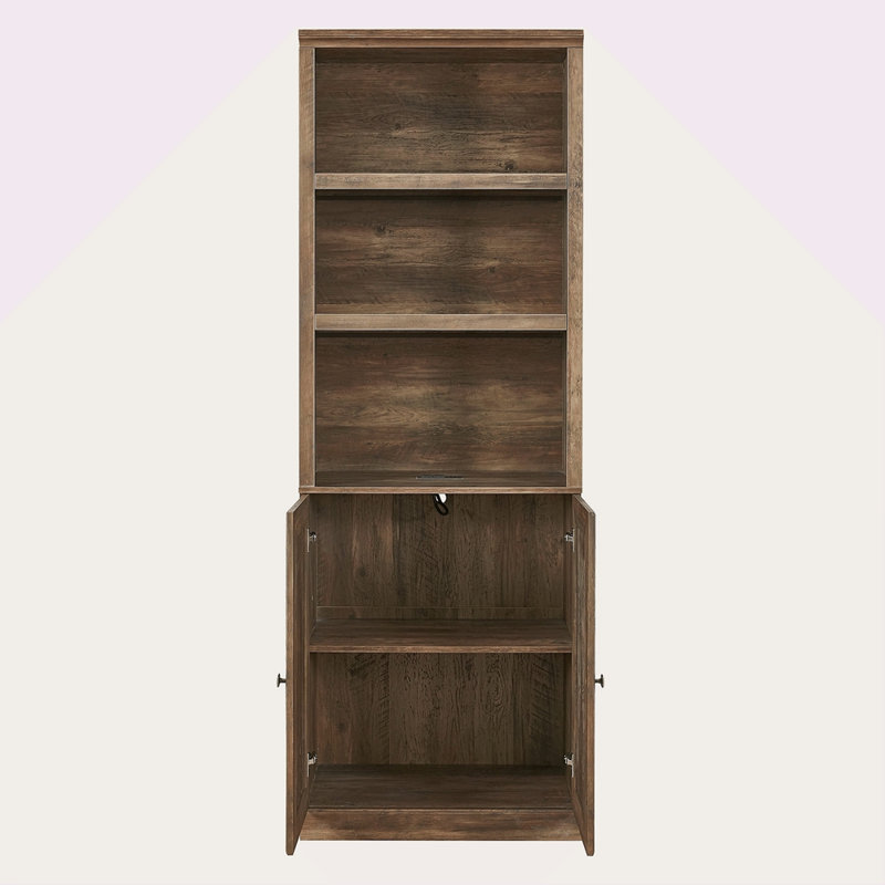 1 Doors Bookshelf With USB Port And 3 Open Shelves Bookcase Side Cabinet Storage Shelves, Rustic, Brown