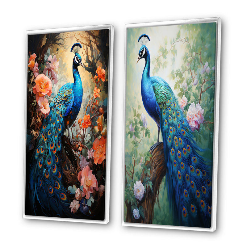 Paon lumineux - ensemble d'art mural paon de 2 pièces, H 20 po x l 24 po, Cadre blanc