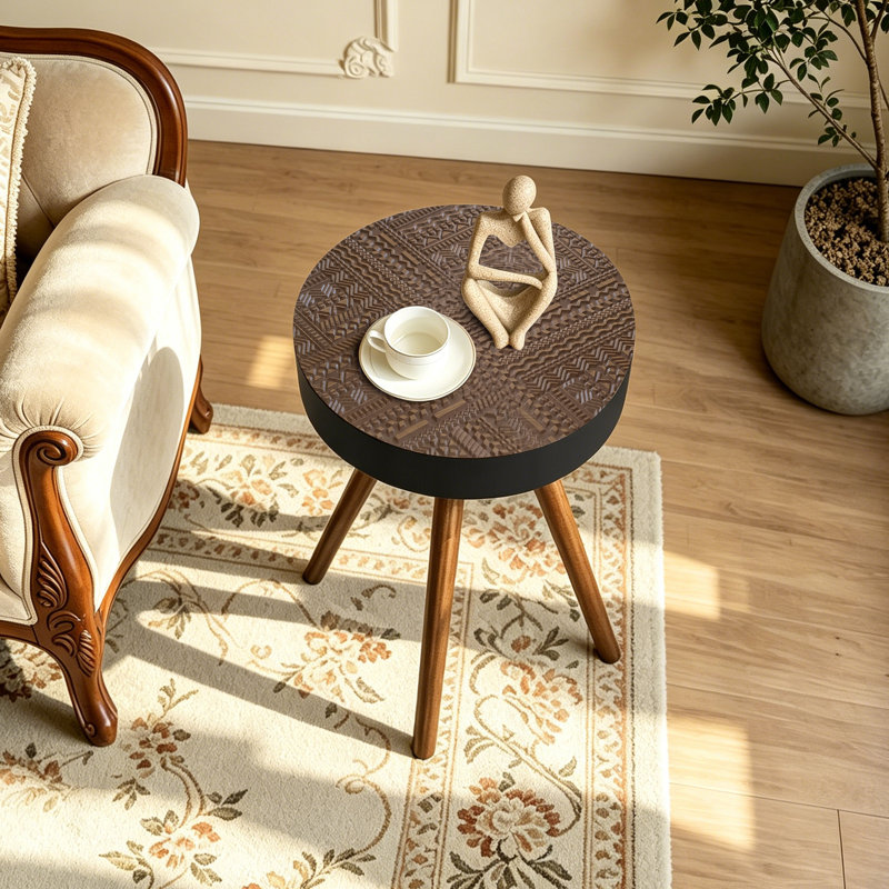Farmhouse 15.7" Round Side Table With Carved Design, Can be Used as a End Table, Black