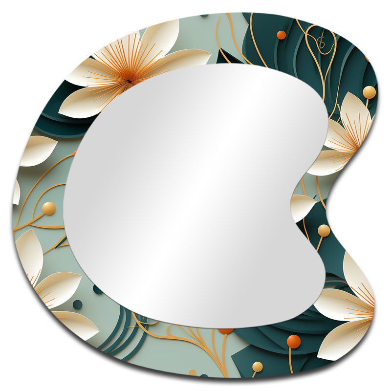 Graceful Floral Essence Of Zen - Floral Unique Shape Decorative Mirror, Cottage Asymmetrical Wall Mirror, Printed Metal Art