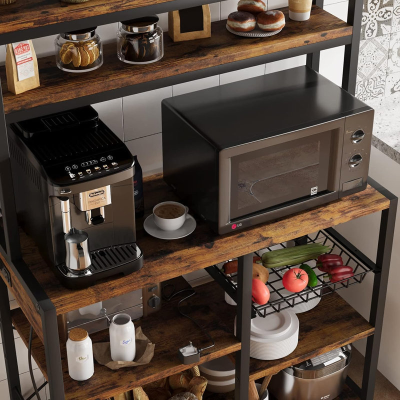 Baker Rack with Power Outlet - Microwave Stand with Storage, Industrial Microwave Stand, Kitchen Buffet Table with Large Storage, 6-Tier Kitchen Storage Rack