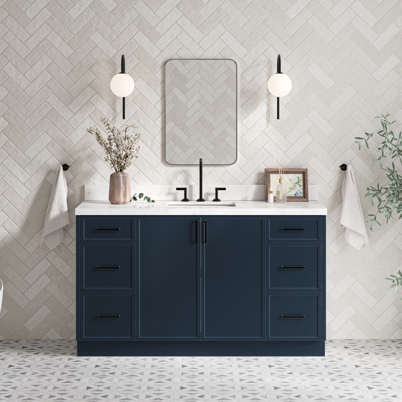 ARIEL Kelly 60 Single Sink Bathroom Vanity with Carrara Quartz Top, Midnight Blue, Rectangular, 60"