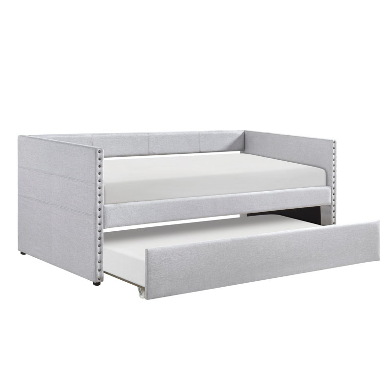 Modern Daybed Pull-Out Trundle Side Pockets Light Gray Upholstery Nailhead Trim Bedroom Living Room Furniture, Light Gray
