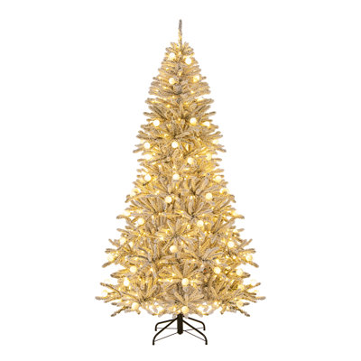 7 Ft Pre-Lit Snow-Flocked Hinged Artificial Christmas Tree With Sphere Lights And Remote