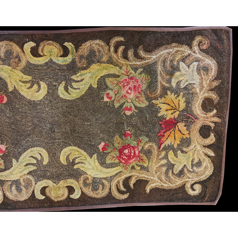 Brown Gray Color Antique Floral Inlay Design American Hooked Rug
