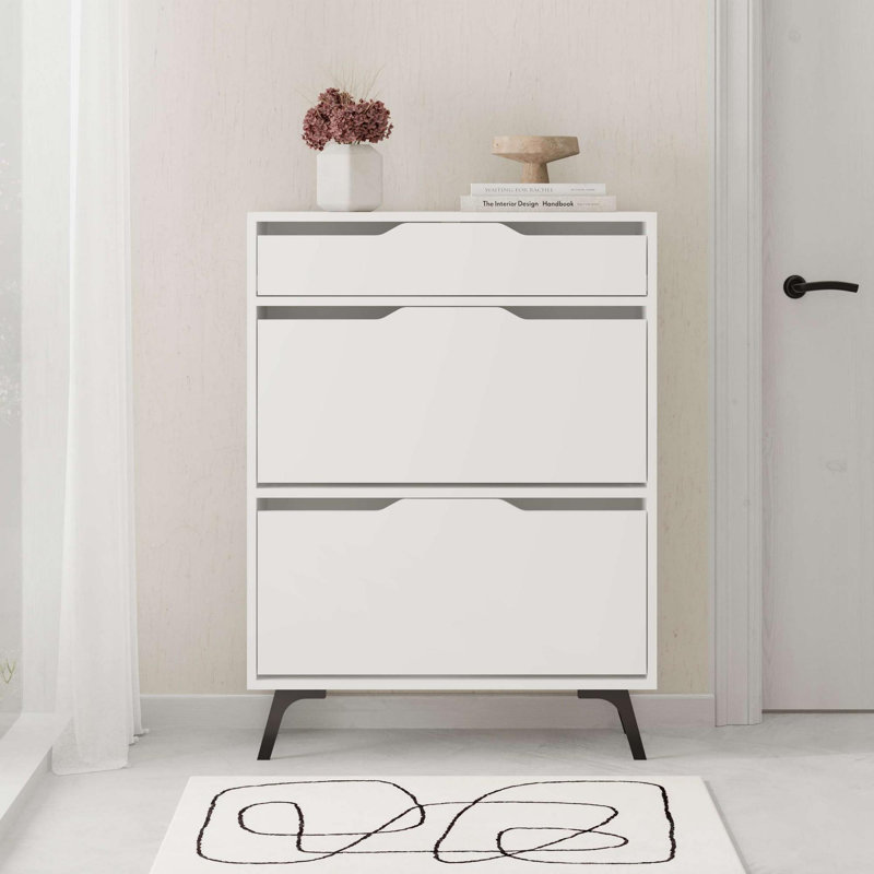 Elegant Shoe Cabinet with Numerous Shelves, White Finish, 32.2 x 43.3 x 11.6 Inches | 100% Melamine Coated Particle Board, Thickness: 0.7 Inches | Wall-Mountable Design Perfect for Space-Saving Entryway Storage