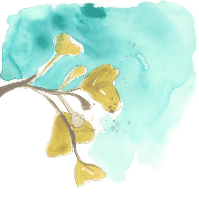Teal And Ochre Ginko VIII by June Erica Vess - Wrapped Canvas Painting, 30cm H x 30cm W
