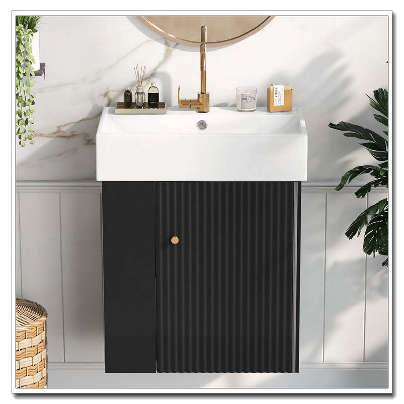Meuble-lavabo flottant avec lavabo en céramique, Noir