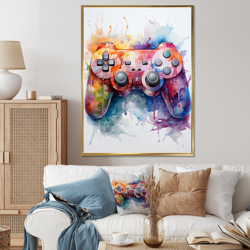 «Colorful Video Game Game Bliss - Art vidéo encadré de jeux vidéo», H 32 po x l 16 po, Cadre flottant doré