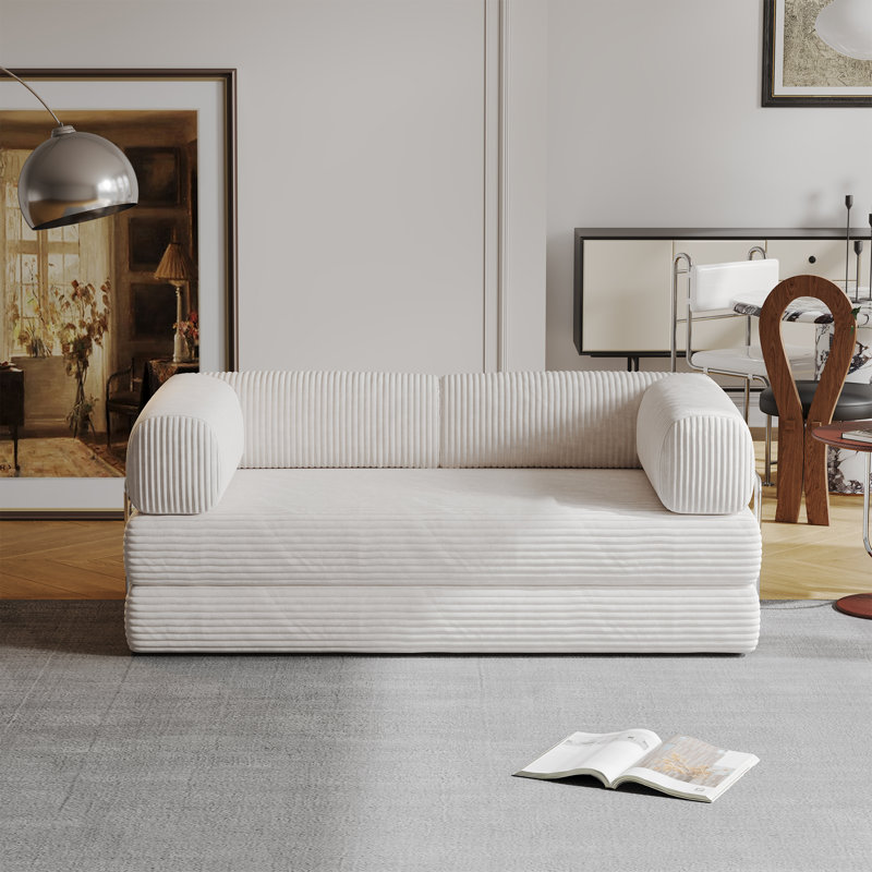 78.74" Corduroy Upholstered Sleeper Sofa, Folding Floor Sofa Bed With Removable Back And Armres, White