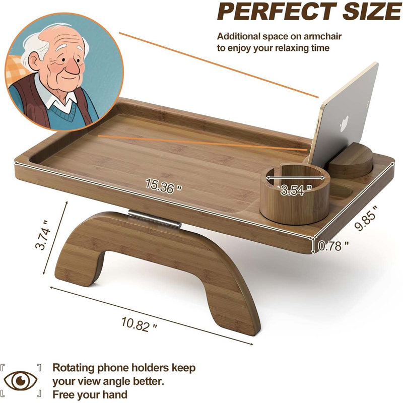 Couch Cup Holder Tray, 3 In 1 Large 15.36"X9.85" Walnut Sofa Arm Clip On Tray Table With 360°Rotated Phone Holder On Armrest, Drink Holder For Arm Rest Eating And Drink, Armrest Trays For Couch