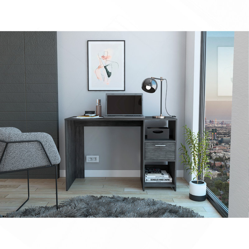 Bureau d'ordinateur avec 1 tiroir et 2 tablettes de rangement ouvertes, chêne fumé