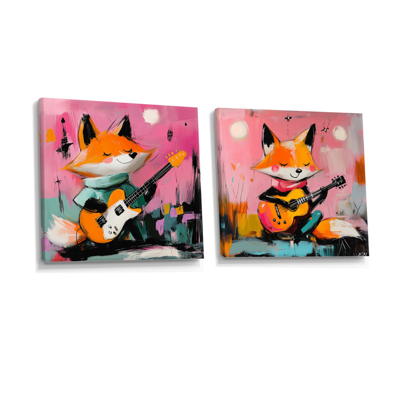 Orange et rose chambre de bébé Fox Rock Star I - Art mural animal renard - ensemble de 2 décorations murales modernes