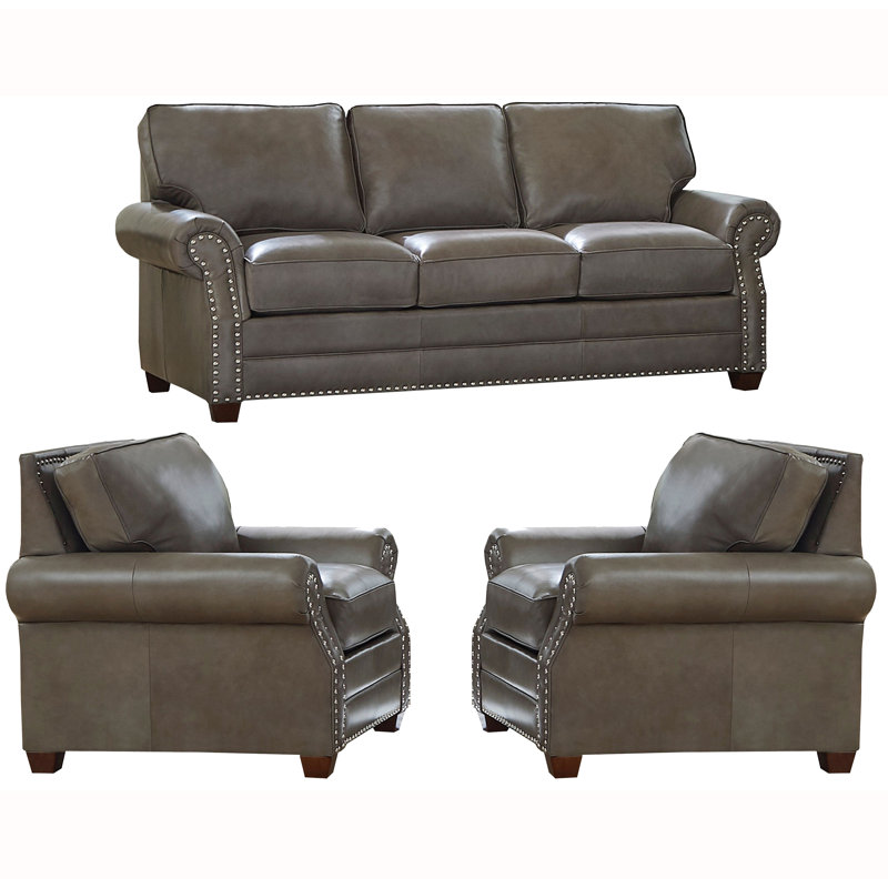Ensemble de salon en cuir 3 pièces Pedigo, Cuir véritable gris acier