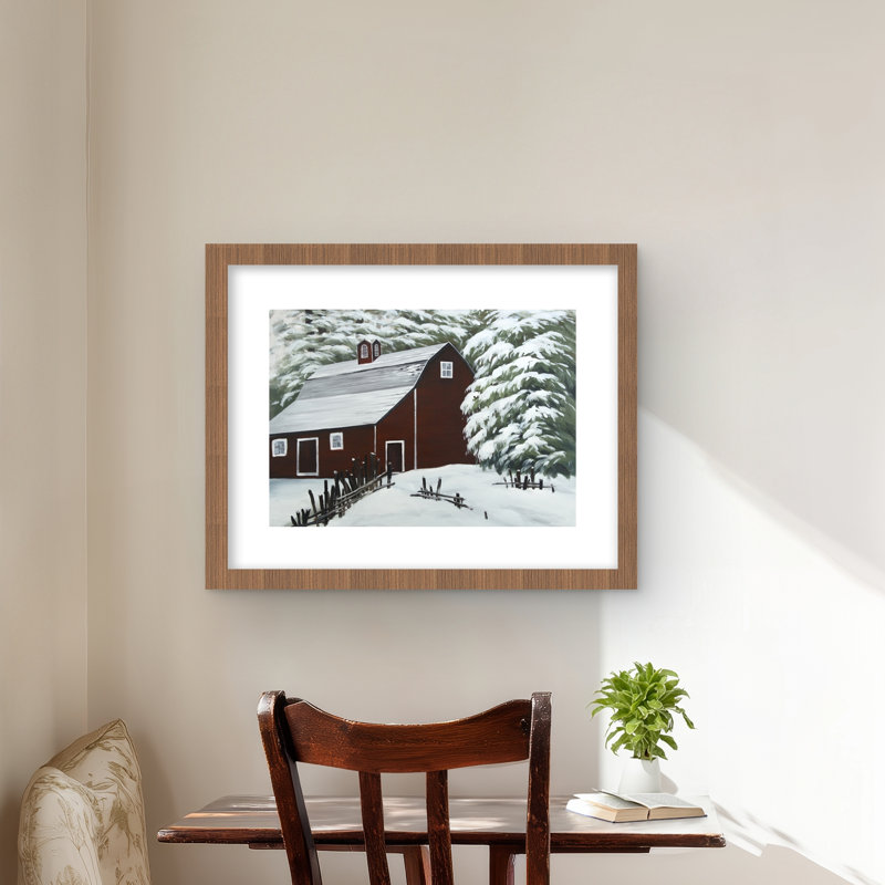 Red Barn in Snow - Scandinavian Living, reproduction encadrée, Brun, H 16 po x l 20 po