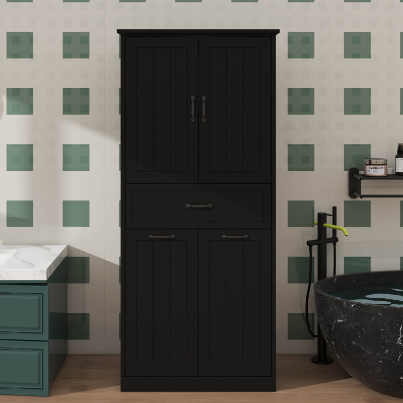 Bathroom Storage Cabinet With Two Laundry Baskets, Storage Cabinet With Doors And Drawer For Home, Black