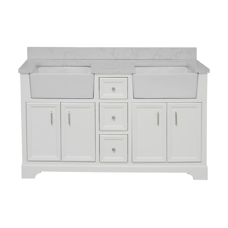Ensemble de meuble-lavabo double 60 po Emiliano, Blanc, Carrare d'ingénierie