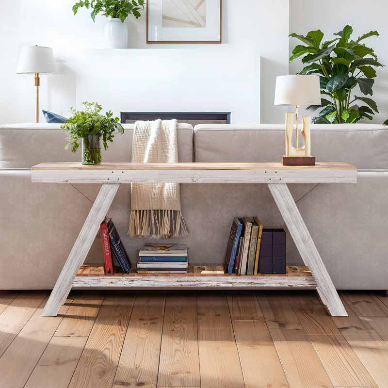 Console 60 po en bois massif de style maison de campagne étroite avec pieds inclinés pour le couloir - couleur blanche, Blanc