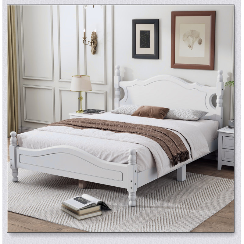 Structure de lit plateforme en bois, lit plateforme de style rétro avec support en lattes de bois, Blanc