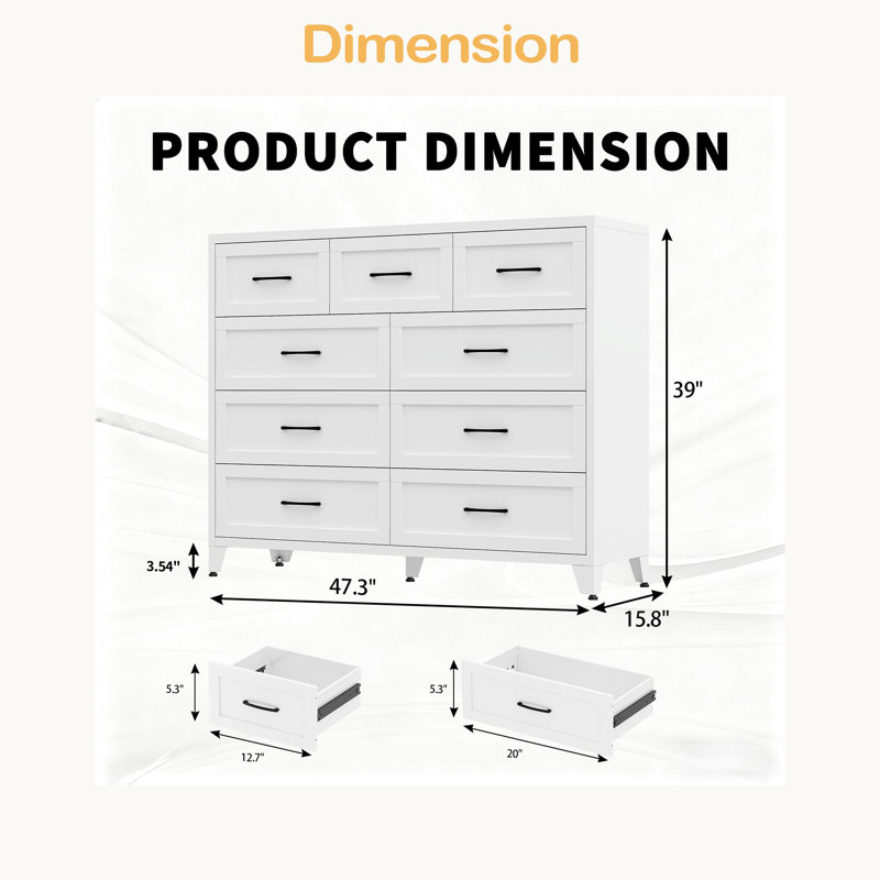Commode haute 9 tiroirs, armoire de rangement en métal avec tiroirs coulissants lisses, commode peu encombrante pour chambre à coucher, salon