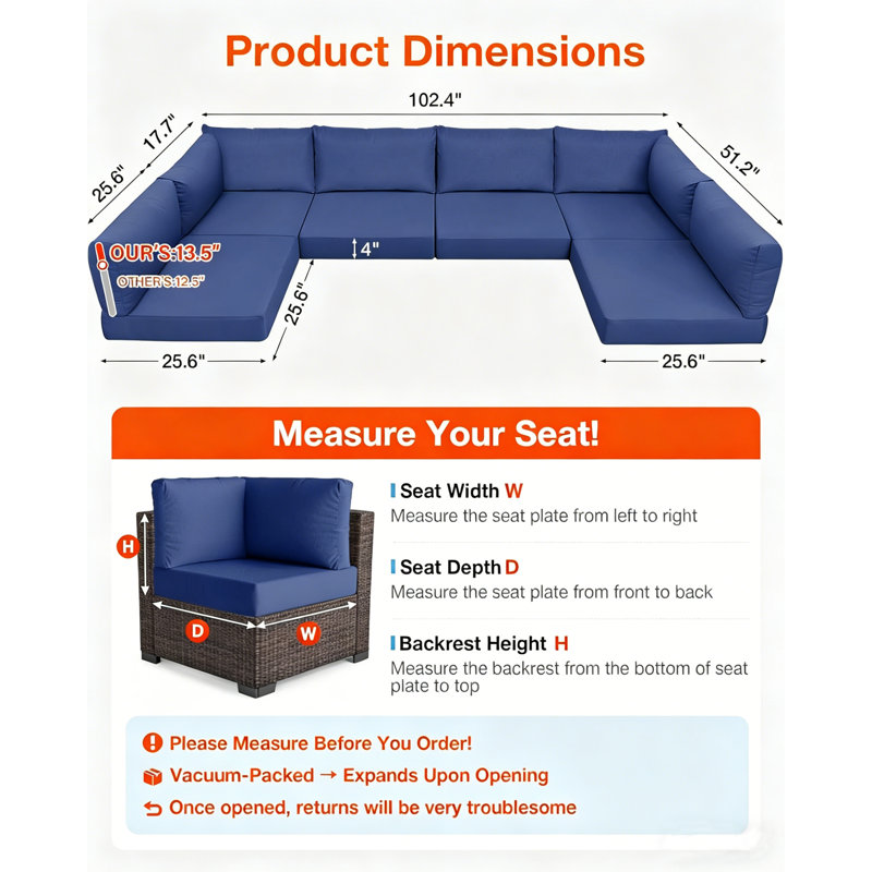 14 Piece Set Of Outdoor Replacement Cushions, For Patio Furniture, Waterproof, Stain Resistant, Fade Resistant, Heat Pressing TPU, Outdoor Olefin Fabric, Suitable For 6-Seater Sofa Cushions, Navy