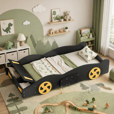 Lit plateforme innovant en forme de voiture de course avec roues et rangement pour plus de confort et de fonctionnalité dans la chambre à coucher