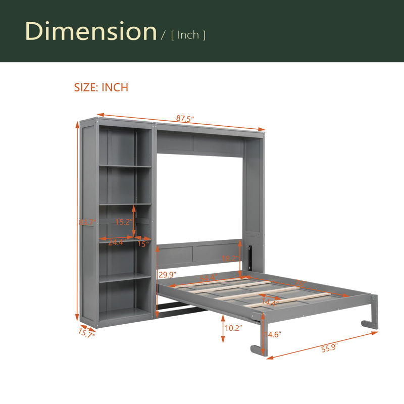 Lit escamotable double pleine grandeur avec tablettes, Gris