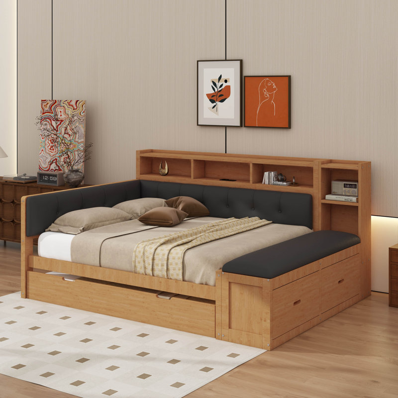 Wood Daybed With Trundle, Storage Shelves, Bench, Charging Station And Upholstered Headboard, Natural/Black Cushion