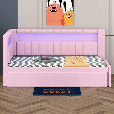 Upholstered Platform Bed with USB Ports and LED Belt, With Trundle