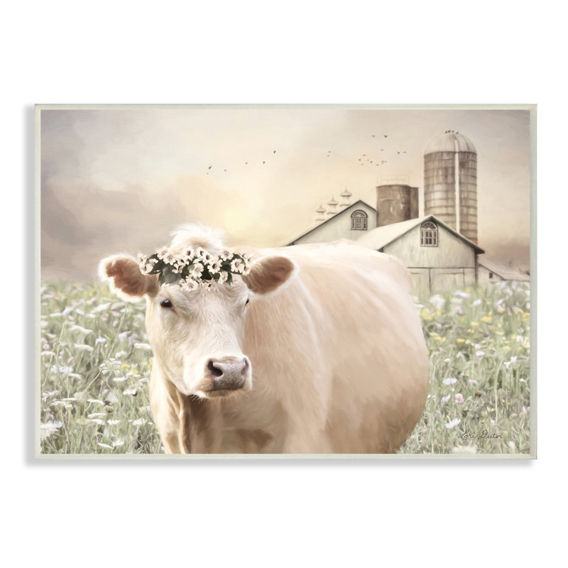 «Realistic Cow Floral Crown Tranquil Farm Field» par Lori Deiter - impression, Plaque murale, H 13 po x l 19 po