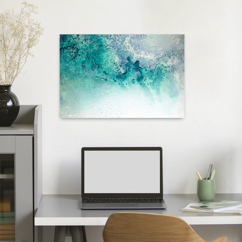 «Turquoise Whispering Abstract Fish Coastal Landscape», art mural, H 16 po x l 24 po