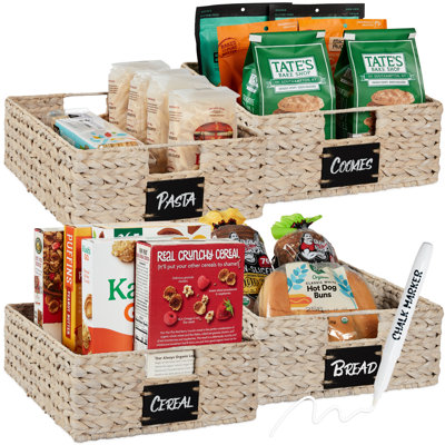 4 16x12in Woven Water Hyacinth Pantry Baskets w/ Chalkboard Label, Chalk Marker