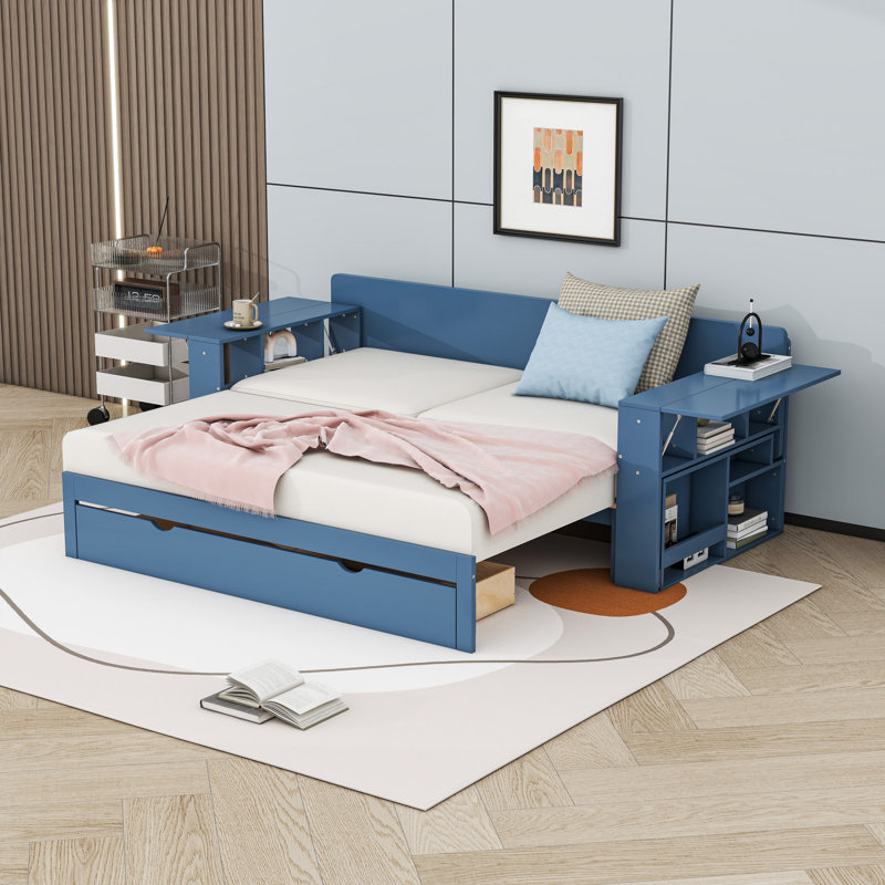 Multifunctional Wood Convertible Daybed with Built-in Desk, Storage Drawer, Blue, Queen