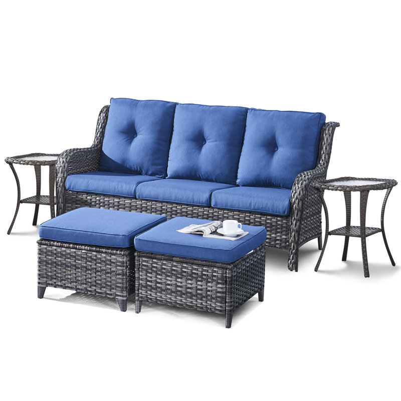 Ensemble de conversation avec canapé et coussins 5 pièces Bonia, Bleu, Gris