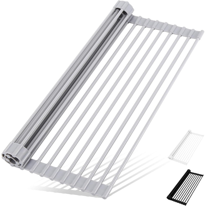 Over-Sink Roll-Up Dish Drying Rack | Multipurpose Foldable Sink Mat | Heat-Resistant, Anti-Slip & Anti-Rust | 17"x13" Grey