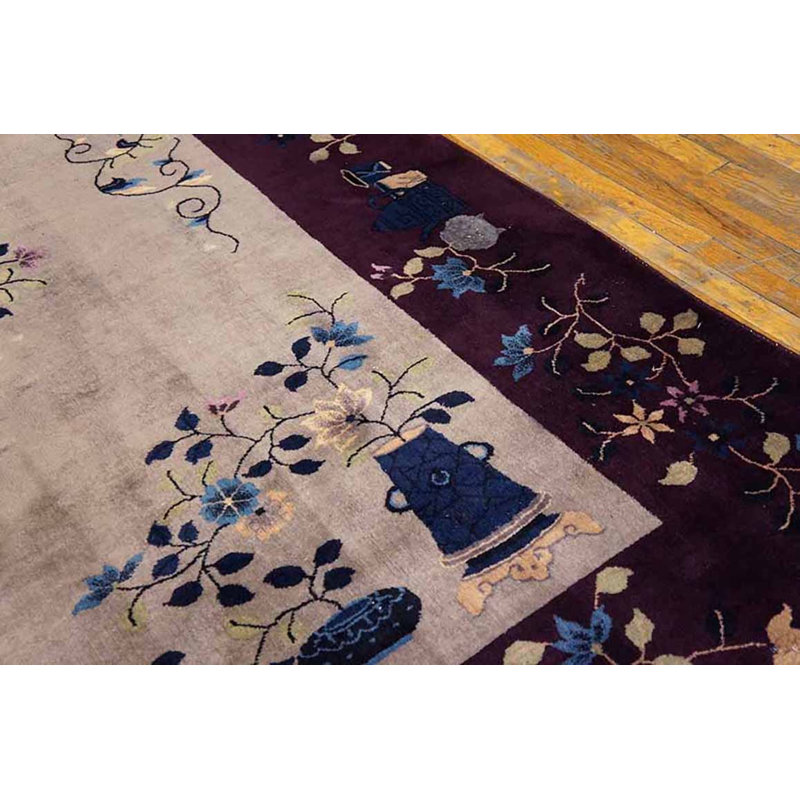 Rectangle 1920s Knotted Room Size Ivory Wool Chinese Antique - Art Deco Rug