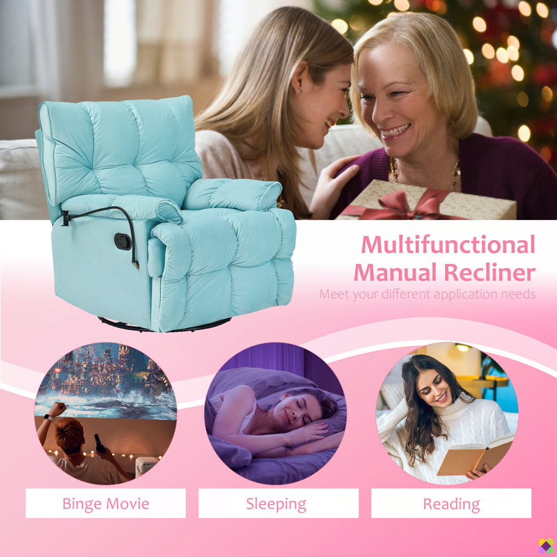 Brisen 29.5"W Velvet 360° Swivel Manual Recliner, Cellphone Holder, Ice Blue
