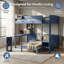 Lit mezzanine double, structure en bois, avec bureau rétractable, bibliothèque, canapé et lampe, style minimaliste, lit tout en un, bleu-546006577